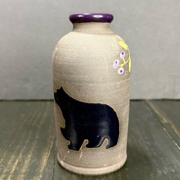 Boot Hill Pottery Black Bear Berries Deep Purple Vase Painted Stoneware 5.75” - Picture 6 of 11